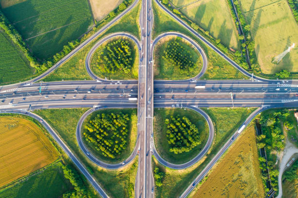 istock Highway road junction in countryside, view from above. 969878934