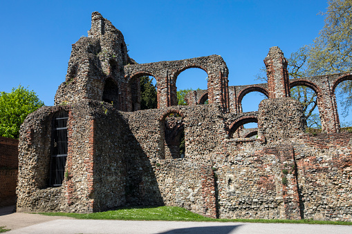 A view of St. Botolphs Priory in the historic market town of Colchester in Essex, UK.  The priory was a medieval Augustinian religious house.