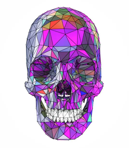 Photo of 3d illustration of a human skull with colorful low poly surface