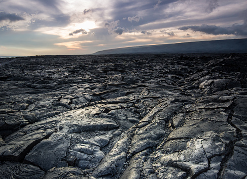 Miles of lava rocks and hardened lava flow on the Big Island of Hawaii after a recent volcanic eruption