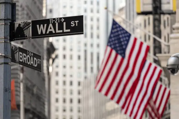 Photo of Wall street sign in New York with American flags and New York Stock Exchange background.