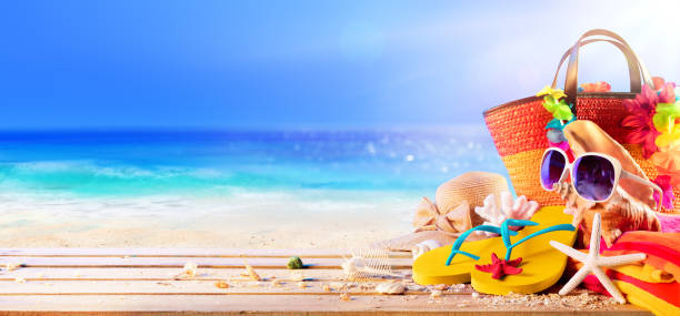istock Beach Accessories And Shells On Deck In Sunny Seashore - Summer Holidays 969899054