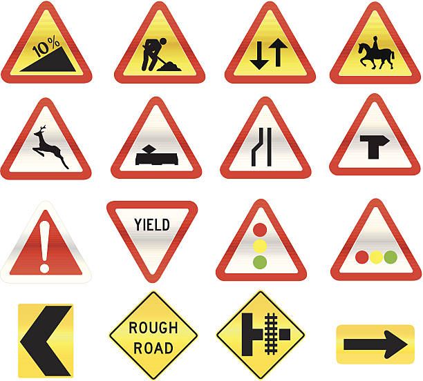 ilustrações de stock, clip art, desenhos animados e ícones de coleção de sinais de estrada de perigo glassy - multiple lane highway