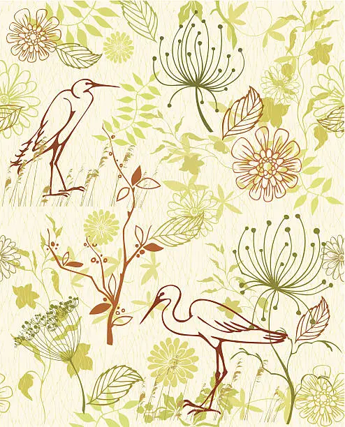 Vector illustration of Seamless wallpaper with flowers and birds