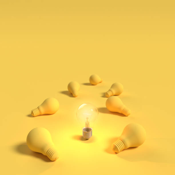 istock Difference and creative concept. Light bulb among bulb yellow pastel color 969957632