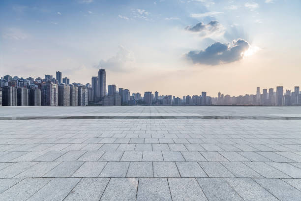 istock Panoramic skyline and modern business office buildings with empty road,empty concrete square floor 969958014