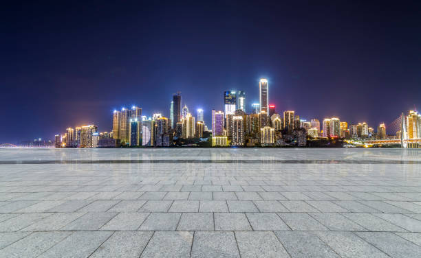 istock Panoramic skyline and modern business office buildings with empty road,empty concrete square floor 969966798