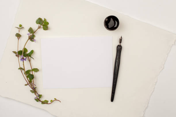 istock white paper sheet mockup with calligraphy nib and ink. For invitation, wedding, decoration 969967544
