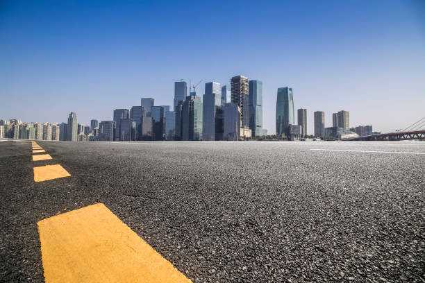 istock Panoramic skyline and modern business office buildings with empty road,empty concrete square floor 969970646