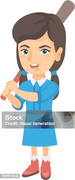 Young Caucasian Girl Playing Baseball Stock Illustration - Download Image Now - Active Lifestyle, Athlete, Batting - Sports Activity