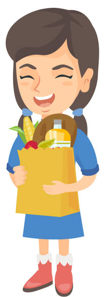 ilustrações de stock, clip art, desenhos animados e ícones de girl holding paper shopping bag full of groceries - shopping bag paper bag retail drawing