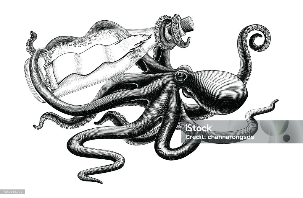 Octopus holding bottle hand drawing vintage clip art Octopus stock vector