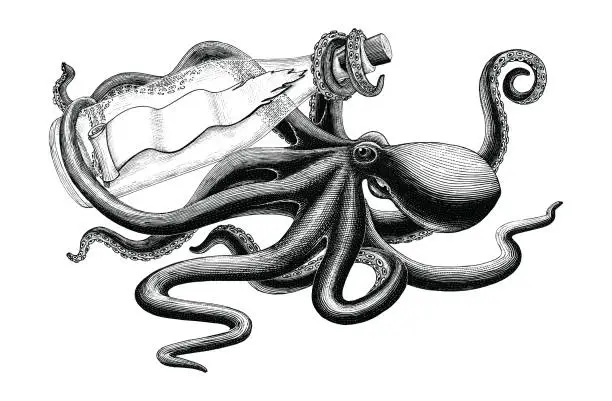 Vector illustration of Octopus holding bottle hand drawing vintage clip art