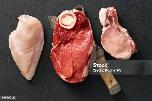 Variety Of Raw Meat Meat On Bone Pork Meat And Chicken Fillet Stock Photo - Download Image Now