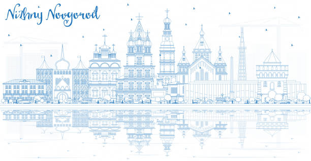 Outline Nizhny Novgorod Russia City Skyline with Blue Buildings and Reflections. Outline Nizhny Novgorod Russia City Skyline with Blue Buildings and Reflections. Vector Illustration. Travel and Tourism Concept with Historic Architecture. Nizhny Novgorod Cityscape with Landmarks. nizhny novgorod stock illustrations