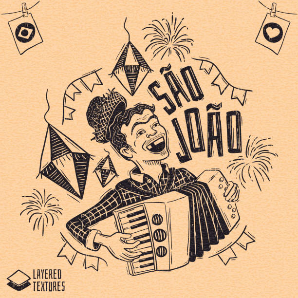 ilustraciones, imágenes clip art, dibujos animados e iconos de stock de june party - san juan - grabar en madera estilo feliz campesino tocar el acordeón - acordeon
