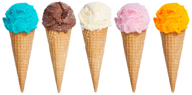 Collection of ice cream scoop sundae cone in a row Collection of ice cream scoop sundae cone in a row icecream isolated on a white background cone shape photos stock pictures, royalty-free photos & images