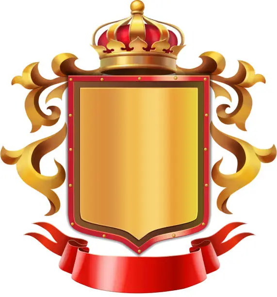 Vector illustration of Golden shield with crown and red ribbon vector illustration