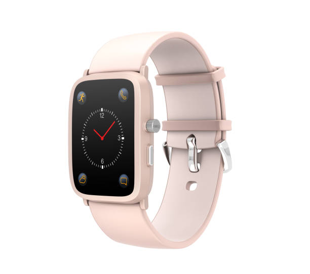 パステル ピンク色革リストバンド白い背景で隔離のスマートな腕時計 - スマートウォッチ ストックフォトと画像