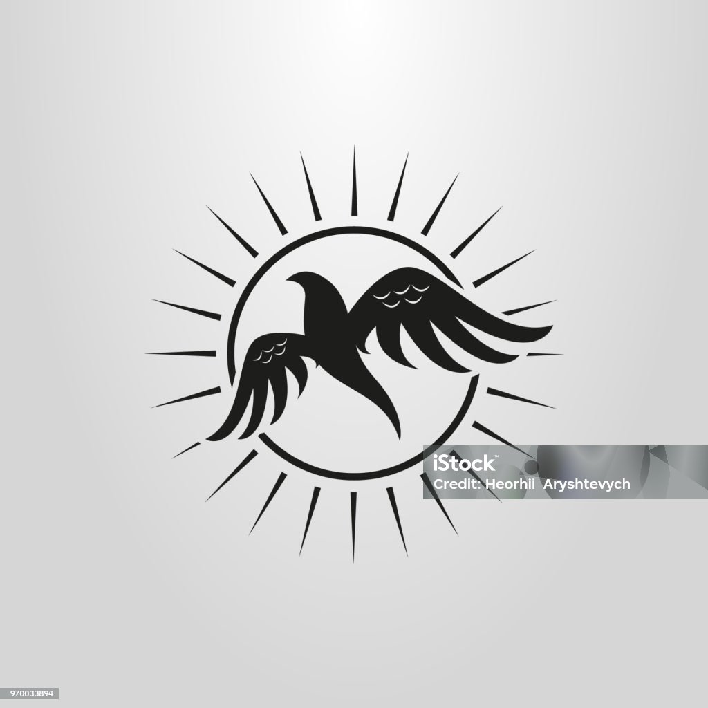 abstract bird icon on the background of the sun black and white abstract bird icon on the background of the sun Hawk - Bird stock vector