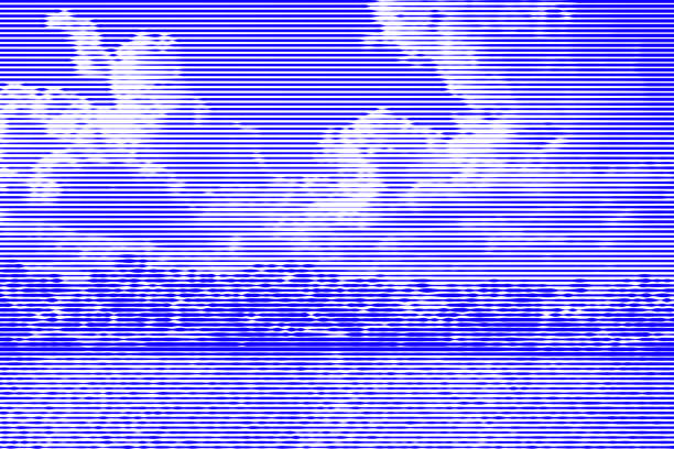 kolaż obrazu drzew na brzegu rzeki i nieba z chmurami z poziomych linii i ścieżek o zmiennej grubości kolor niebieski na białym tle. ilustracja wektorowa. - cumulus cloud lake water forest stock illustrations