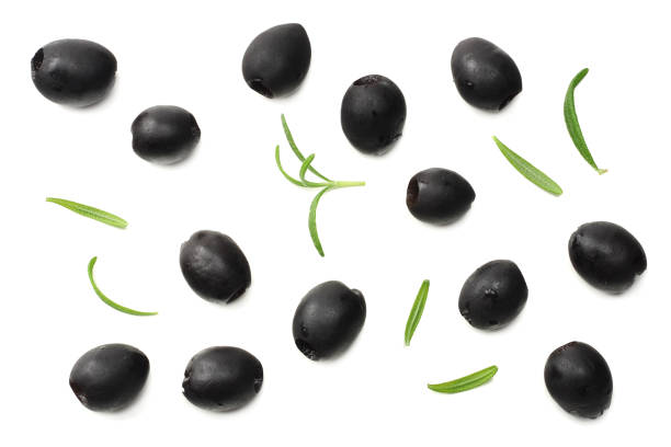 istock Marinated black olives with rosemary isolated on white background. top view 970037386