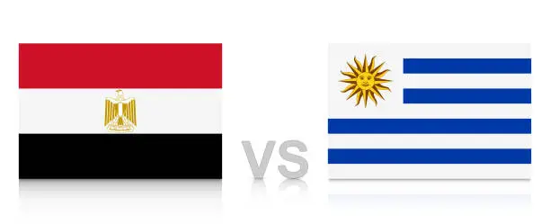 Vector illustration of Egypt vs. Uruguay. Russia 2018. National flags with reflection isolated on white background.