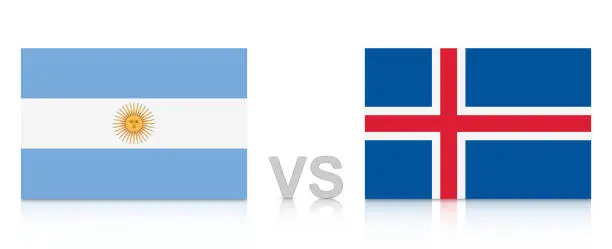 Vector illustration of Argentina vs. Iceland. Russia 2018. National flags with reflection isolated on white background.