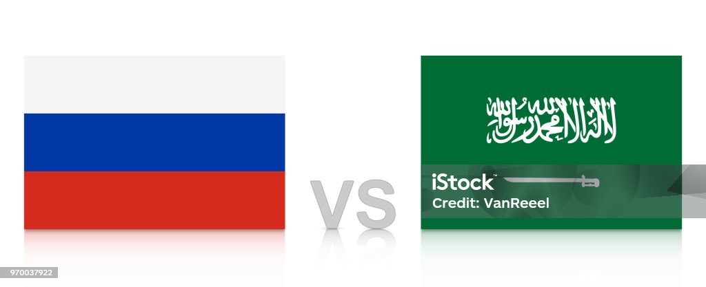 Russia vs. Saudi Arabia. Russia 2018. National flags with reflection isolated on white background. Russia vs. Saudi Arabia. Russia 2018. National flags with reflection isolated on white background. Vector EPS 10 Saudi Arabia stock vector