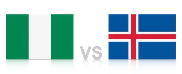 Vector illustration of Nigeria vs. Iceland. Russia 2018. National flags with reflection isolated on white background.