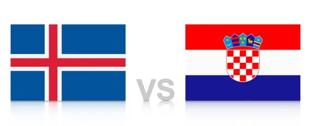 Vector illustration of Iceland vs. Croatia. Russia 2018. National flags with reflection isolated on white background.