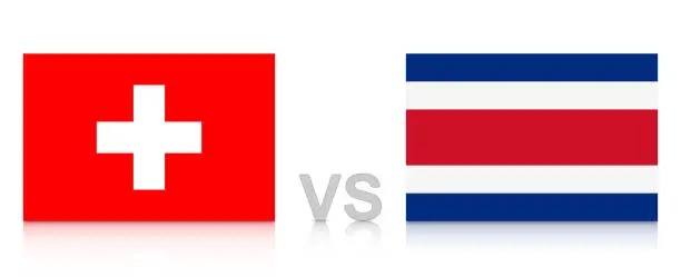 Vector illustration of Switzerland vs. Costa Rica. Russia 2018. National flags with reflection isolated on white background.