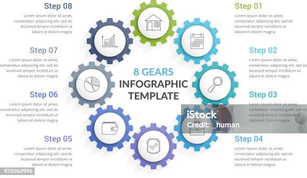 Eight Gears Stock Illustration - Download Image Now - Gear - Mechanism, Number 8, Infographic