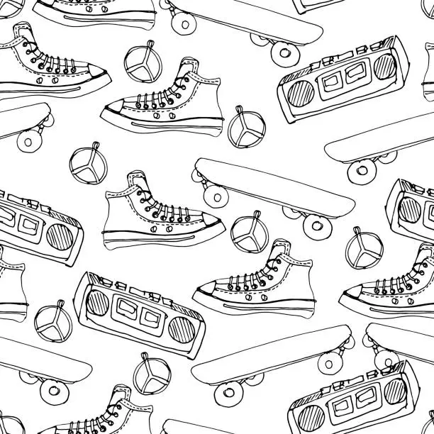 Vector illustration of Vector seamless pattern with teenagers shoes. Hand drawn background. Sneakers.