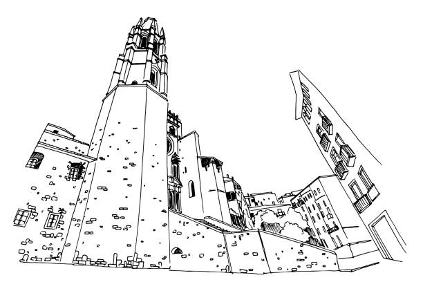 catedral de gerona vektör çizimi. i̇spanya. - girona stock illustrations
