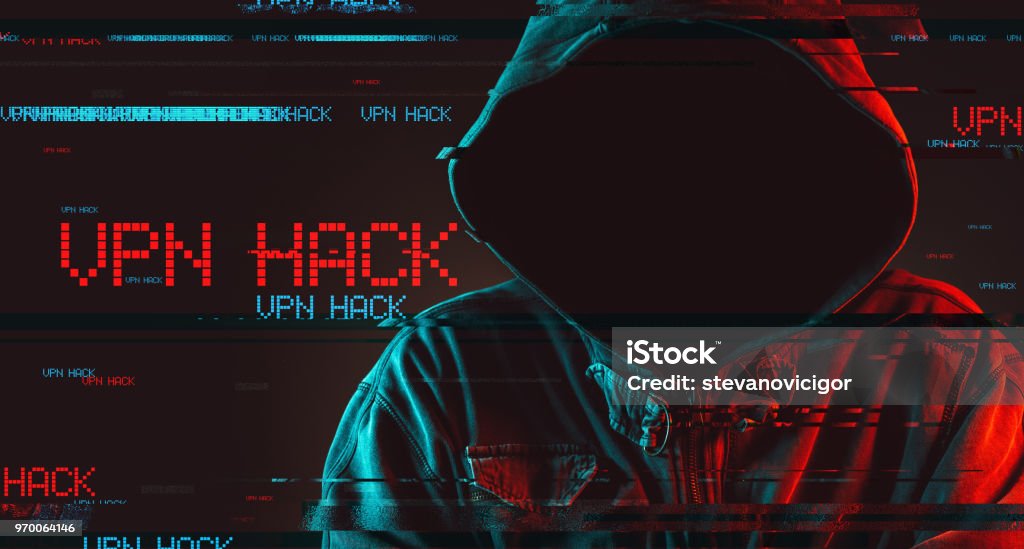Virtual private network VPN hack Virtual private network VPN hack concept with faceless hooded male person, low key red and blue lit image and digital glitch effect VPN Stock Photo