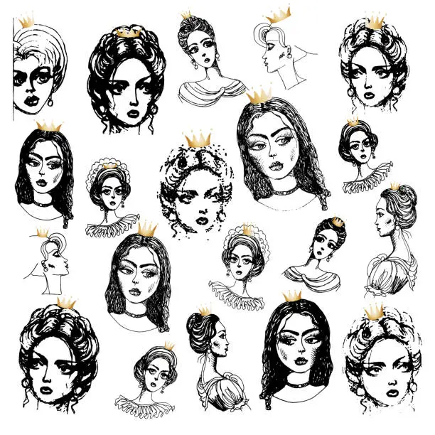 Vector illustration of Set of vector hand drawn beautiful women head with golden crown of princesses on a white background. Black and white monochrome sketch, adult and children coloring book page, tee shirt print