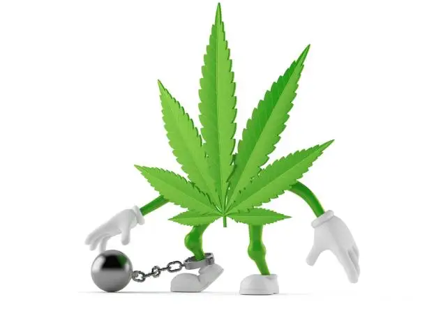 Cannabis character with prison ball isolated on white background. 3d illustration