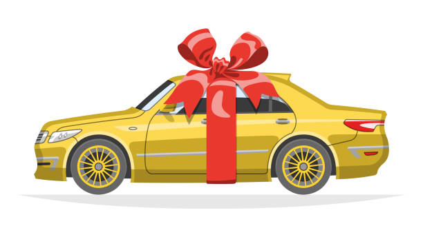 istock Mockup sedan car gift for present with red bow and ribbon. 970067306