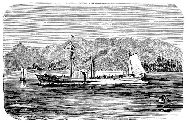 ilustrações de stock, clip art, desenhos animados e ícones de the north river steamboat or north river, colloquially known as the clermont ,world's first steam vessel - etching sailing ship passenger ship sea
