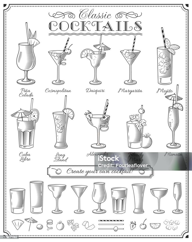 famous Cocktails vector doodles set Big Cocktails vector illustrations set with all the most famous cocktails, glasses and ingredients Martini Glass stock vector