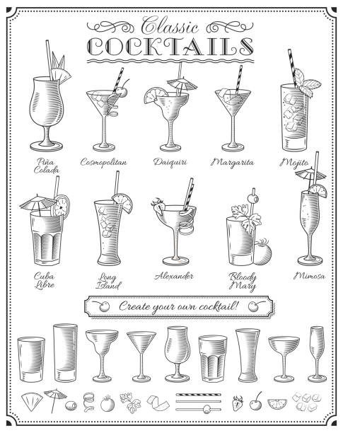 famous Cocktails vector doodles set Big Cocktails vector illustrations set with all the most famous cocktails, glasses and ingredients drinking glass illustrations stock illustrations