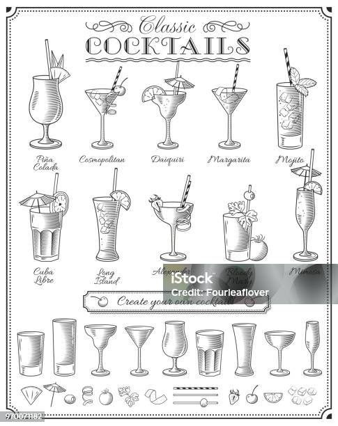 Famous Cocktails Vector Doodles Set Stock Illustration - Download Image Now - Martini Glass, Cocktail, Illustration