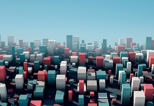 Retro Square Variation Pattern Abstract 3D Cityscape. Computer Generated Cityscape Simulation.