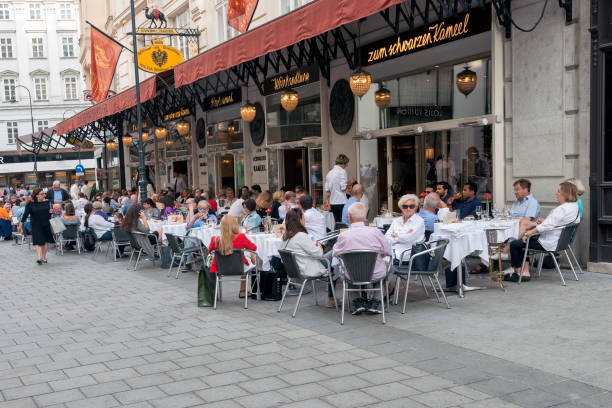An abstract and unusual view of outdoor restaurant umbrellas