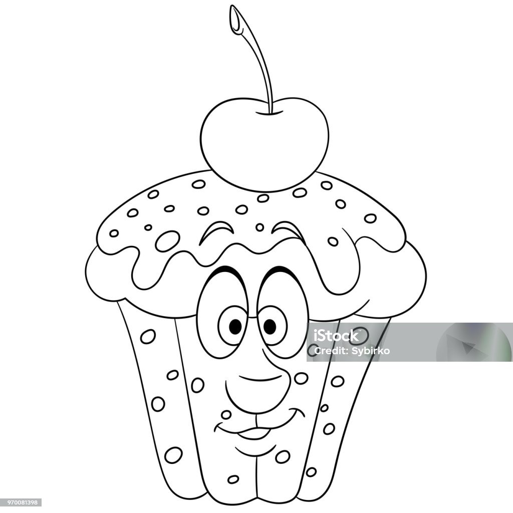 Cartoon Sweet Muffin Sweet Muffin Coloring Page. Happy Bakery Food concept. Funny Emoticon. Cupcake stock vector