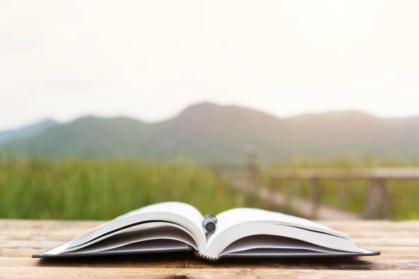 istock Book and pen with field and mountain background. 970082218