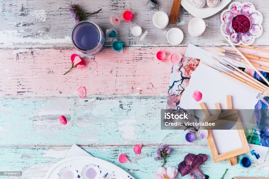 Art workspace for designer and artists. Flat lay with brushes and paint Craft Stock Photo