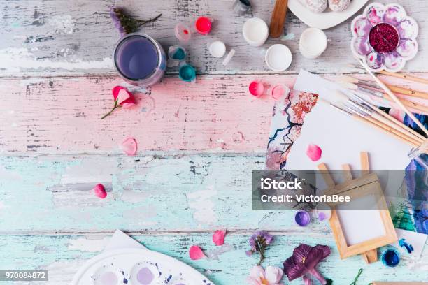 Art Workspace For Designer And Artists Flat Lay With Brushes And Paint Stock Photo - Download Image Now