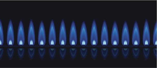 A row of gas flames showing the blue hue Use this image to represent Natural Gas, Propane, Home Heating, Cooking, or whatever comes to mind. blue flames stock illustrations